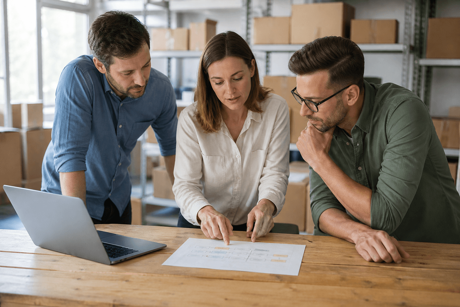 Equipo coordinando ventas, inventario y entregas en una mesa de trabajo
